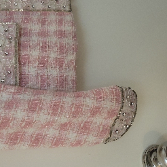 BEREK by TAKAKO SAKON Pink Plaid Tweed Lace Beaded Embellished Blazer - Picture 6 of 16